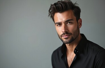 Fototapeta premium Young attractive man with beard and stylish hair wears black shirt posing in studio. He has confident expression, looking directly at camera with warm brown eyes, ready for business.