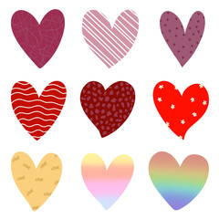 Assorted romantic heart icons with different textures and patterns. Collection of decorative heart shapes isolated on transparent background.