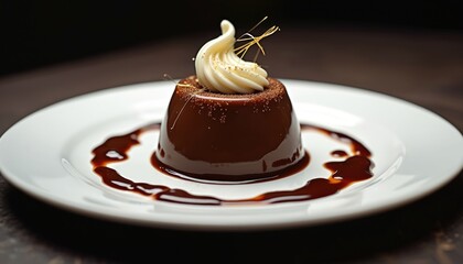 Rich chocolate dessert molded on white plate with cream swirl topping. Dark chocolate glaze, caramel sauce art, and sugar crystals add texture and visual appeal. Elegant sweet treat presentation.