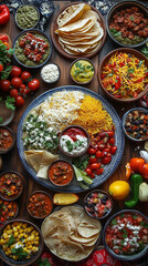 Fototapeta premium Mexican tacos buffet with colorful fillings, fresh ingredients, and vibrant presentation, perfect for food photography, restaurant menu, or festive culinary display