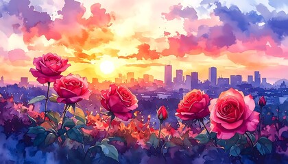 Roses in foreground, city skyline and sunset backdrop, vibrant colors in sky. Digital painting style