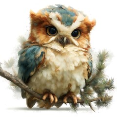 Cute fluffy baby owl sitting on a pine tree branch watercolor illustration on white background