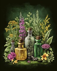 Vintage illustration of apothecary glass bottles with herbal extracts surrounded by medicinal flowers and plants