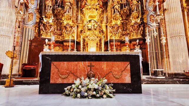 The interior of Iglesia Colegial del Divino Salvador or the Collegiate Church of the Divine Savior, a Spanish Baroque masterpiece in Seville, Andalusia, Spain