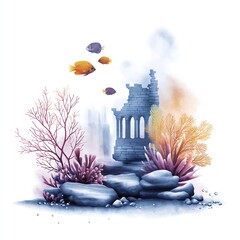 Watercolor illustration of ancient underwater ruins with stone pillars surrounded by coral reefs and tropical fish
