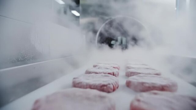 Meat Processing in a Cold Environment: a close-up shot captures the intriguing process of meat processing amidst a cloud of cold environment.