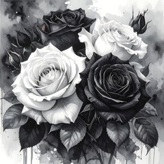 Roses painted in a grayscale watercolor style, showcasing contrasting black and white blooms with delicate leaves