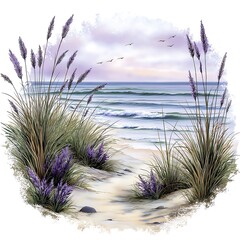 Beautiful watercolor illustration of coastal sand dunes with purple lavender and pampas grass leading to the ocean