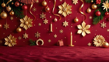 Festive Christmas Wall Decor with Gold Ornaments and Rich Textures