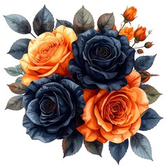 Roses orange and dark blue bloom arrangement with leaves on white