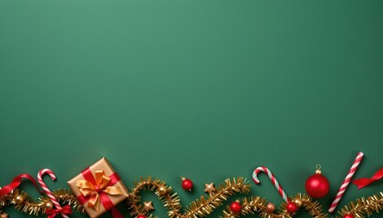 Festive Holiday Decorations Against Elegant Green