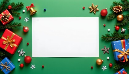 Festive Christmas Card with Green Background and Holiday Decor