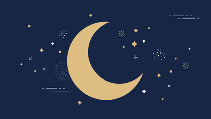 Naklejka premium Golden crescent moon and abstract starry night sky illustration, peaceful celestial background, Islamic art motifs