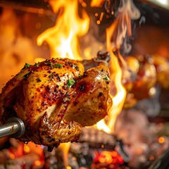 Rotisserie chicken cooking, crispy skin glistening, flames dance in the background, promising a delicious meal