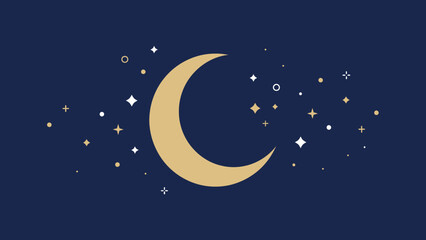 Golden crescent moon and stars on a dark blue background, symbolizing Ramadan and Islamic holidays, minimalist night sky illustration, festive celestial elements for cultural celebrations