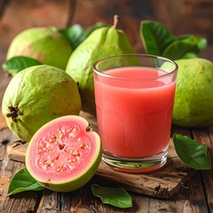 Rosy guava juice in a glass, beside fresh guavas on a rustic wood board, some with leaves