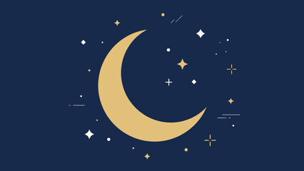 Naklejka premium Golden crescent moon and stars on a dark blue background, symbolizing Ramadan and Islamic holidays, minimalist night sky illustration, festive celestial elements for cultural celebrations