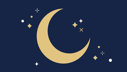 Naklejka premium Golden crescent moon and stars on a dark blue background, a beautiful night sky illustration, celestial elements for Ramadan and Eid festivities