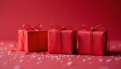 Festive Red Gift Boxes with Heart Decorations Sparkling Background