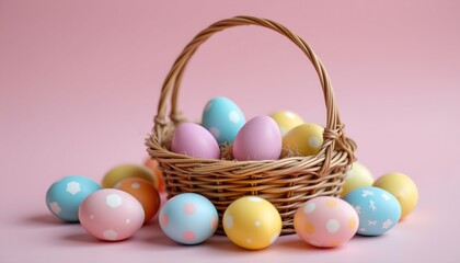 Colorful Easter Eggs Woven Basket Pink Background