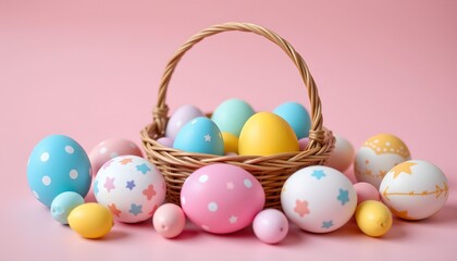 Colorful Easter Eggs Woven Basket Light Pink Background