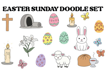 Easter Sunday Doodle Illustration Set with Religious and Spring Elements

