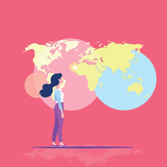 Vsai woman looking at world map globe future vision
