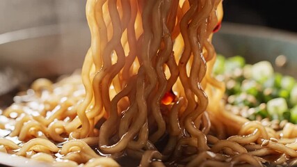 Delicious wavy brown noodles being lifted with chopsticks coated in a rich savory sauce showcasing a mouthwatering Asian culinary experience with fresh ingredients in the background perfect for food .