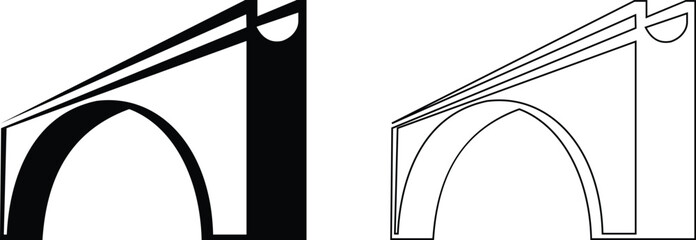 Bridge icons set collection with arch suspension truss viaduct structures in flat and line style, transportation infrastructure outline illustration group for city map UI design