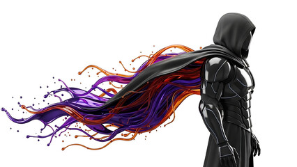 An artistic illustration of a woman in a black dress wearing a red scarf with colorful smoke swirls and flowing hair patterns in a motion of smooth rainbow light