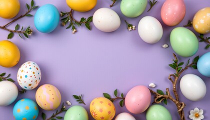 Festive Easter Eggs with Greenery Purple Background