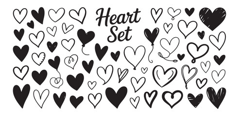 Fototapeta premium Hand drawn heart set collection of black sketch icons and doodle romantic symbols for valentine day design elements