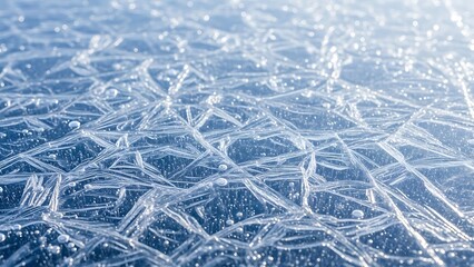 Frozen lake surface with intricate ice patterns and cracks reflecting sunlight from above