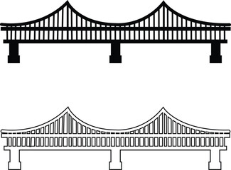 Bridge icons set collection with arch suspension truss viaduct structures in flat and line style, transportation infrastructure outline illustration group for city map UI design