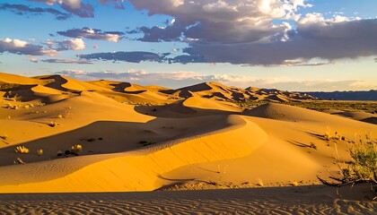 Rolling sand dunes bathed in golden light under a cloudy sky