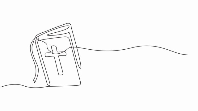Continuous one line drawing animation Church logo Bible with Christian cross religion continuous one single line drawn concept video on a white background, Full length one line 4k video.