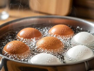 Close-up of fresh hen's eggs, a mix of white and brown shells, actively boiling in a metal pot with bubbling hot water, an essential step in preparing a nutritious meal