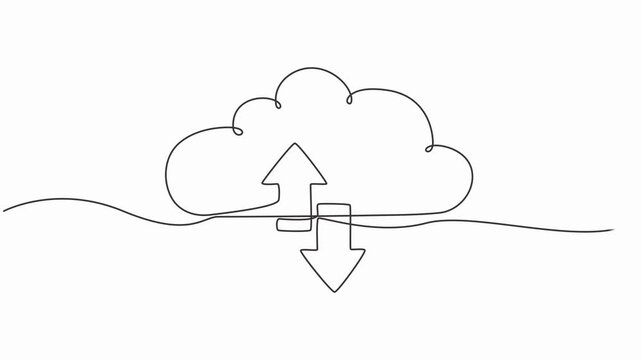 Animated self drawing of continuous one line draw cloud with arrows. Cloud network, data storage and backup, full-length animation video motion graphic, single line drawing.