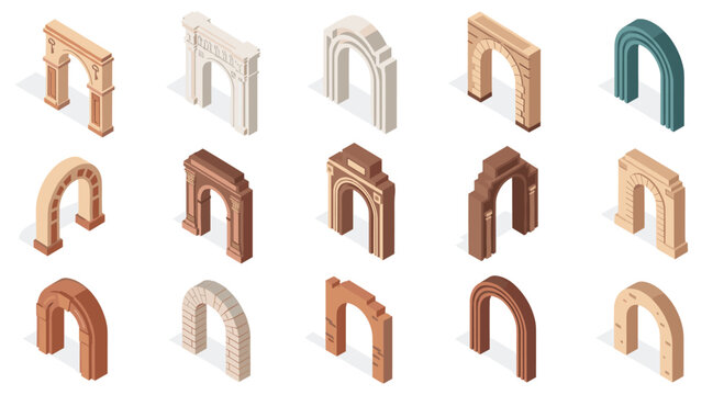 Extensive collection of fifteen isometric architectural archways in different styles materials and colors for building and landscape design.