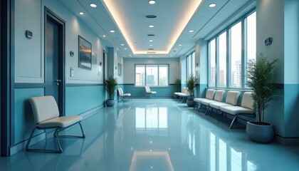 Modern clinic waiting area hallway with chairs for visitors. Empty hospital corridor interior features large windows and potted plants. Clean medical facility lobby ambiance.