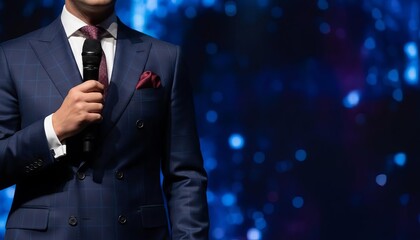 Professional speaker in a blue plaid suit holding a microphone against an abstract blue bokeh background with copy space.