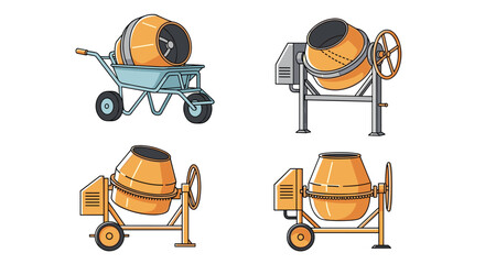 Collection of industrial cement mixers in various styles and colors are shown for construction, building, and masonry projects.