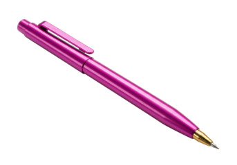 Macro shot of a magenta-purple retractable ballpoint pen with a brass tip on a white background with studio lighting. Minimalist stationery advertising concept