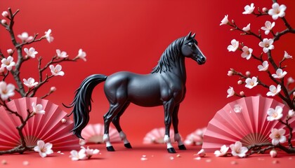 Elegant Japanese Horse with Cherry Blossoms and Red Fans