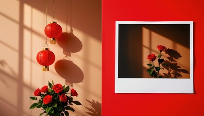 Romantic Asian Decorations with Red Lanterns and Roses