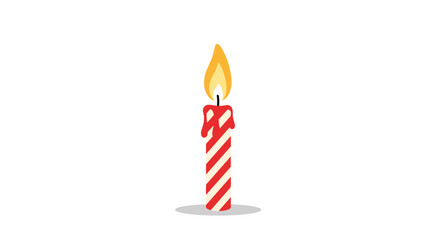 Fototapeta premium Lit birthday candle with red and white diagonal stripes features a bright yellow flame to celebrate a special party or anniversary.