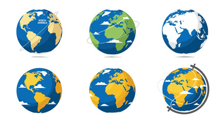 Diverse set of Earth globe illustrations show different continents, cloud patterns, and orbital lines for geography and science.