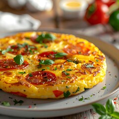 Round frittata with red pepper and herbs on gray plate with blurry background