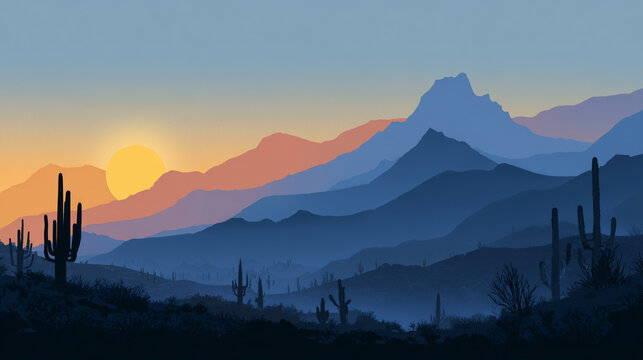 Vector simple landscape of layered silhouette of desert mountains and cacti at sunrise