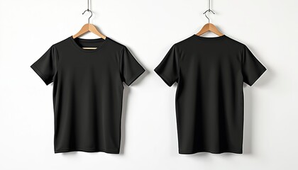 Two black t-shirts hang on wooden hangers against a white wall. One shirt is viewed from the front and the other from the back. Blank tee mockups ready for custom graphic design printing.